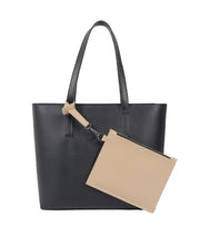 Dark tote bag featuring a removable pouch.