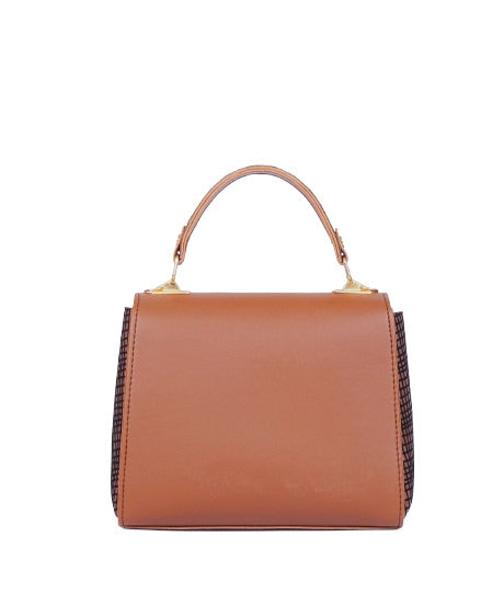 Brown top-handle bag with a criss-cross design