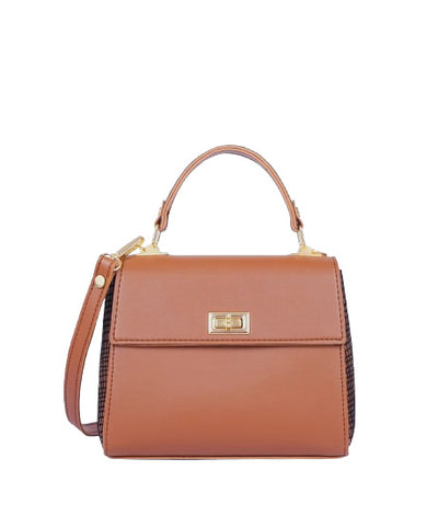 Brown top-handle bag with a criss-cross design