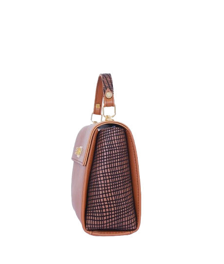 Brown top-handle bag with a criss-cross design