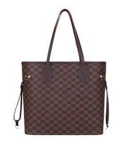 Deep chocolate brown checkered Neverfull tote bag