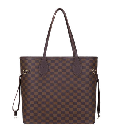 Deep chocolate brown checkered Neverfull tote bag