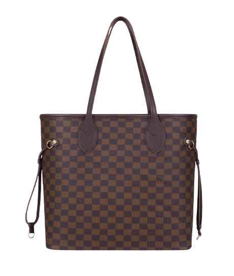 Deep chocolate brown checkered Neverfull tote bag