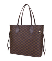 Deep chocolate brown checkered Neverfull tote bag
