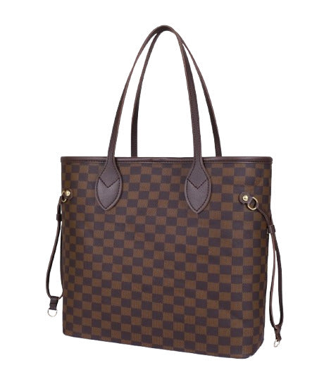 Deep chocolate brown checkered Neverfull tote bag