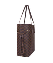 Deep chocolate brown checkered Neverfull tote bag
